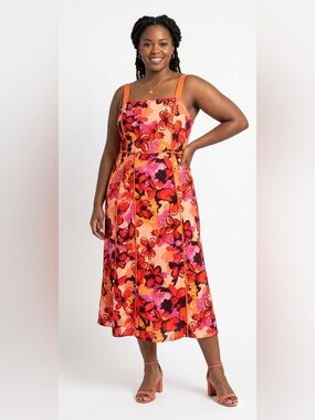 Hilary Macmillan Piped Midi Dress Size 1X Orange/Red Floral Satin Lined NWT